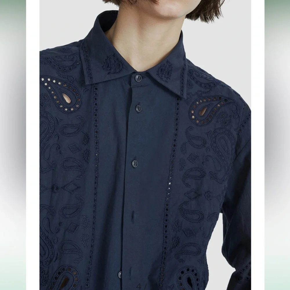 Rag & Bone Vivian Navy Paisley Embroidered Eyelet Button Down Shirt L - Picture 1 of 10